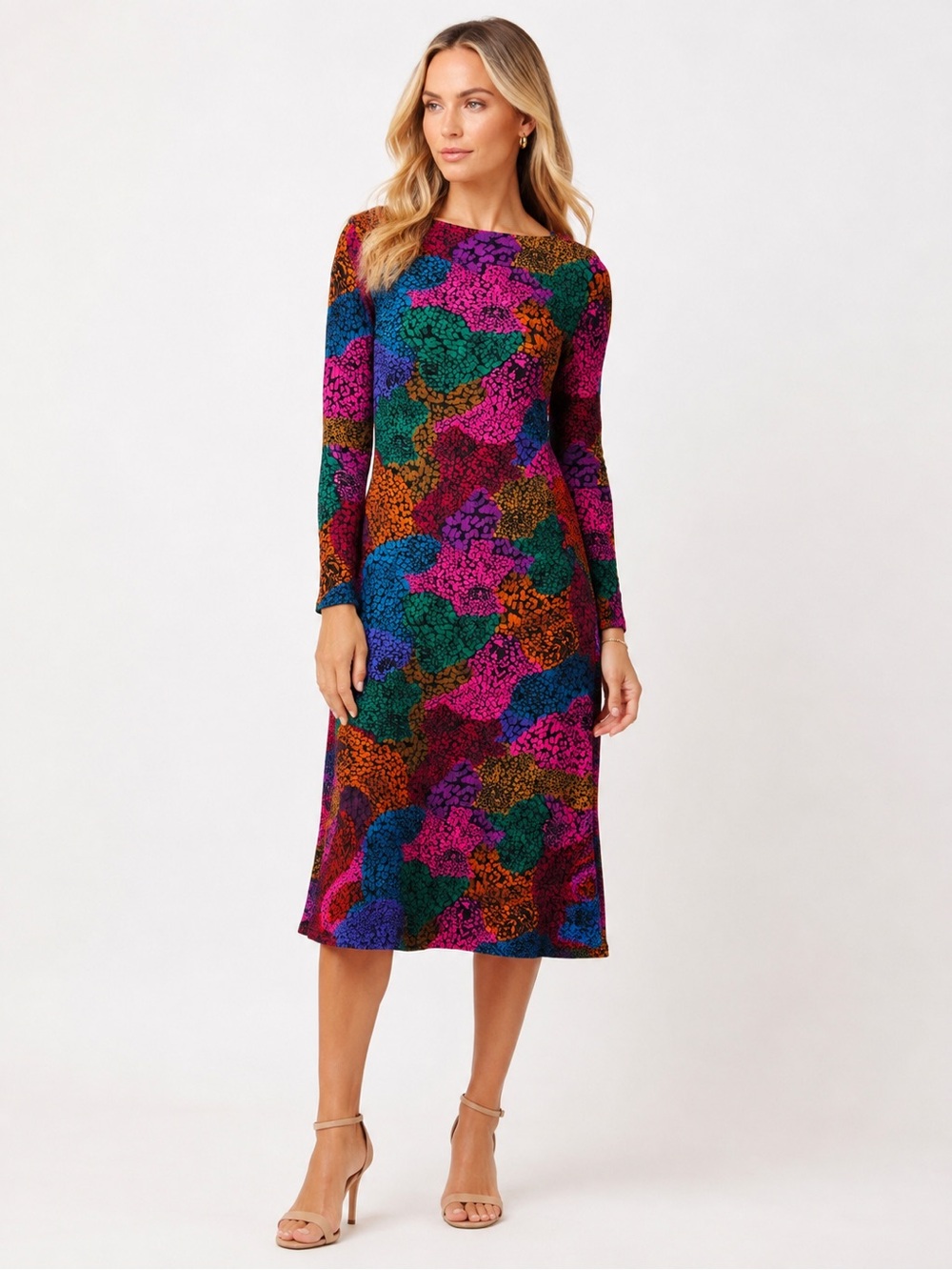 FARM Rio Multicolor Floral Long Sleeve XL Stretch Abstract Midi Dress Colorful